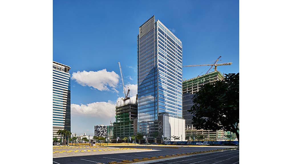 A tall glass building.