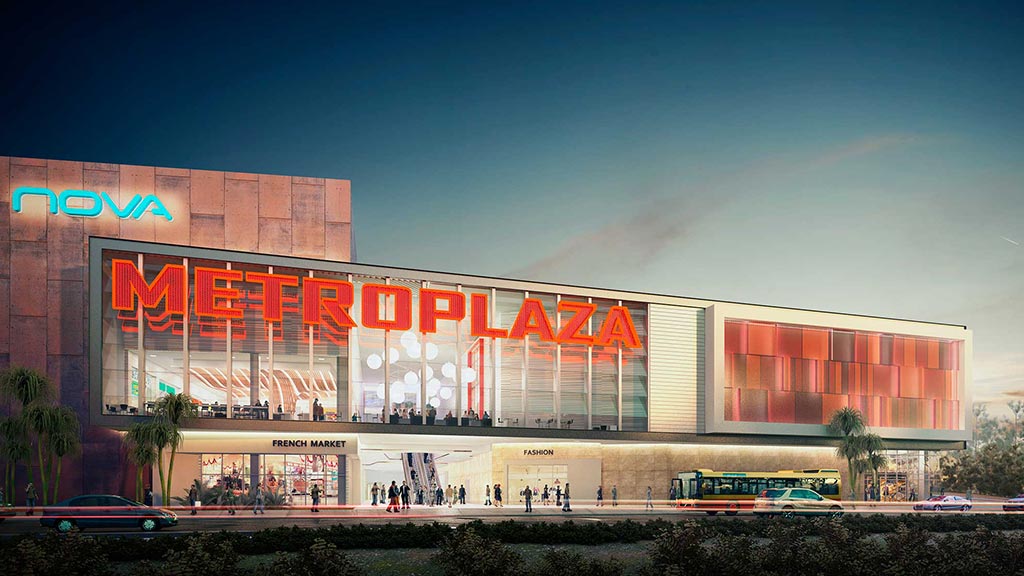 A large building with a sign on it.