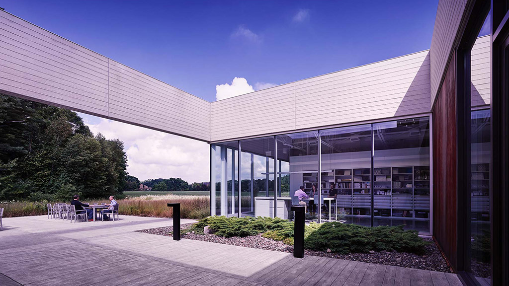 A building with glass windows.