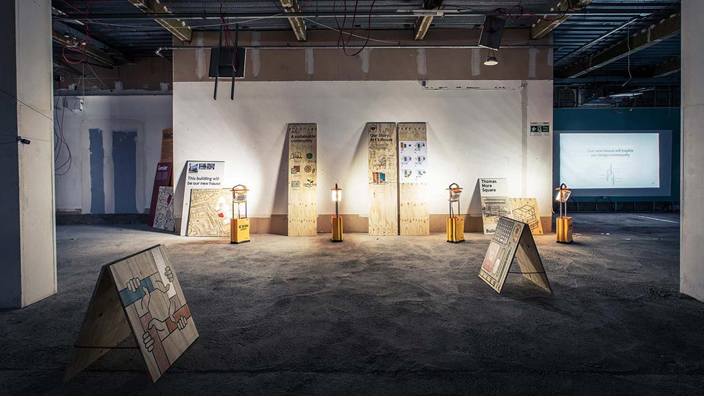 A room with several signs and posters.