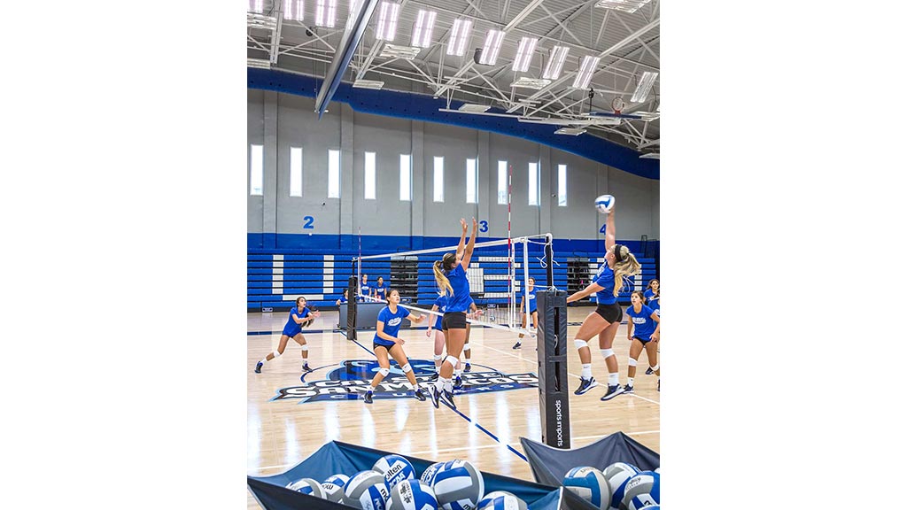 A group of women playing volleyball.
