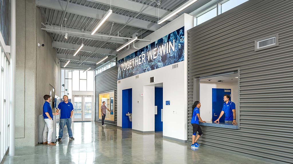 A group of people in a building.