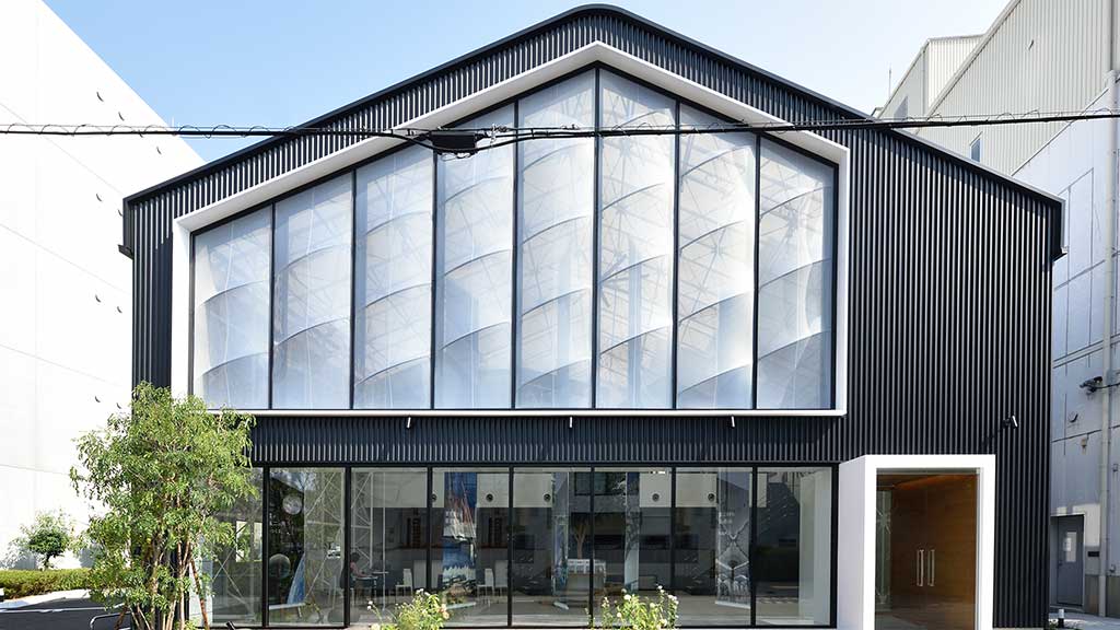 A building with glass windows.