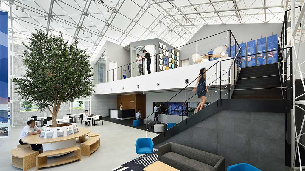 A group of people in a building.