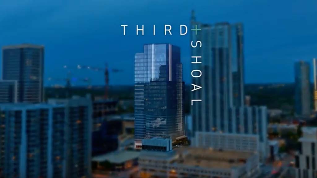 A city skyline with skyscrapers.