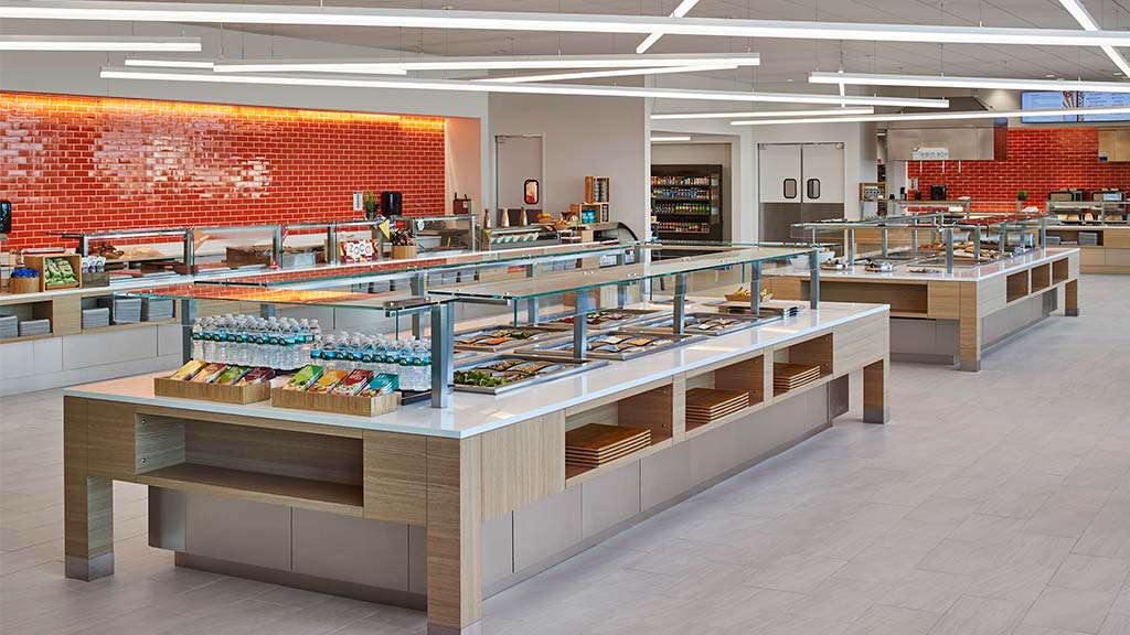 A large room with shelves of food.