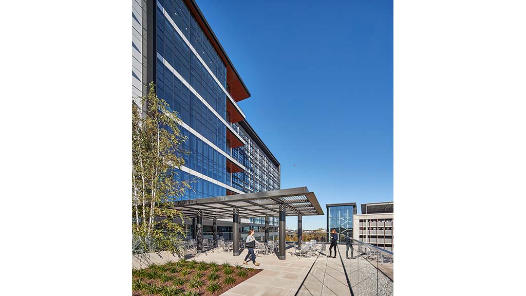 A building with a glass front.