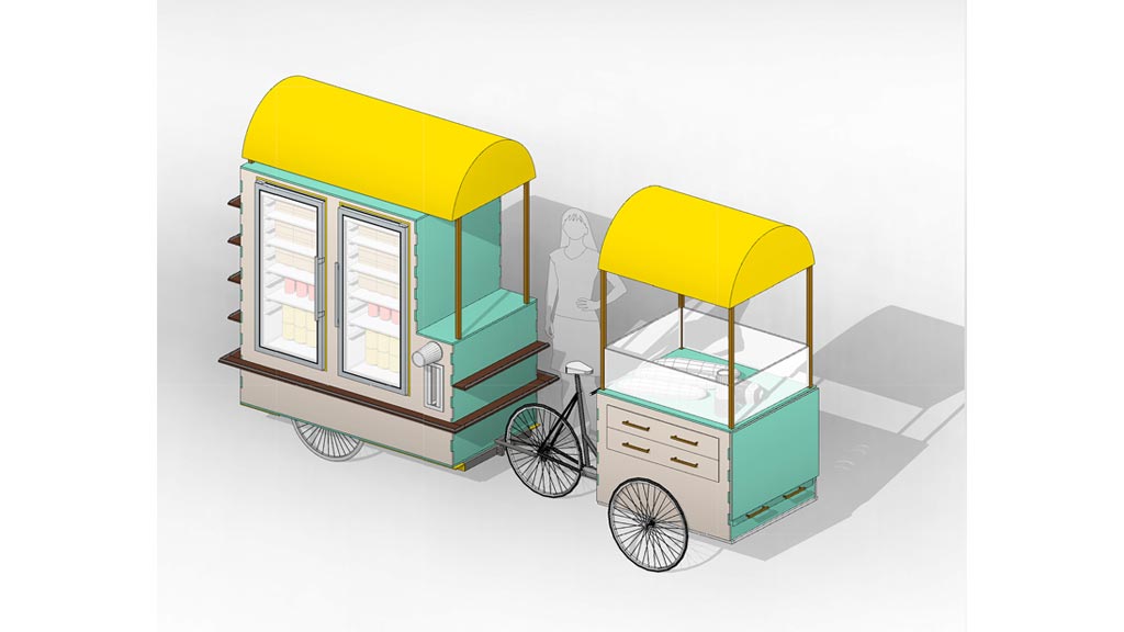 A toy train with a yellow roof.