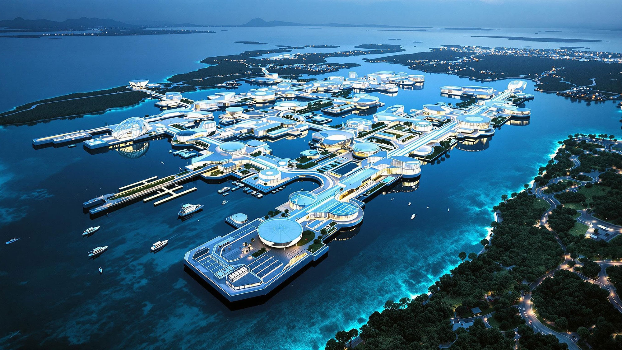 A large building surrounded by water.