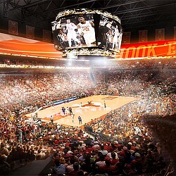 A large crowd of people watching a basketball game.