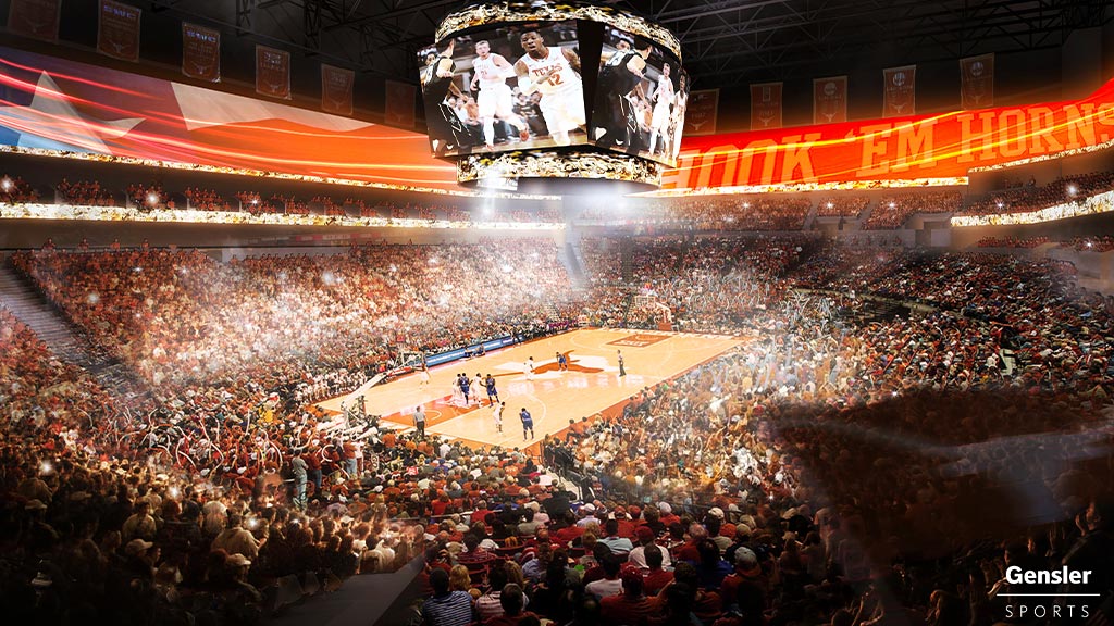 A basketball game in a stadium.
