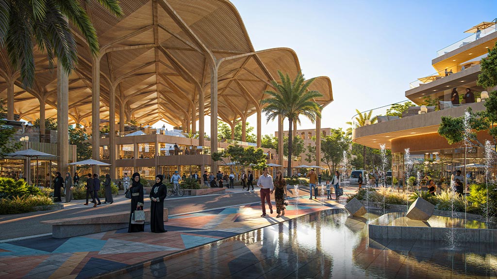 A large courtyard with people and trees.
