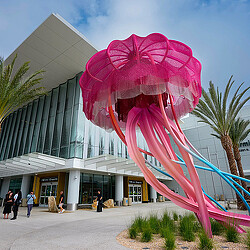 A large pink dinosaur statue outside of a building.