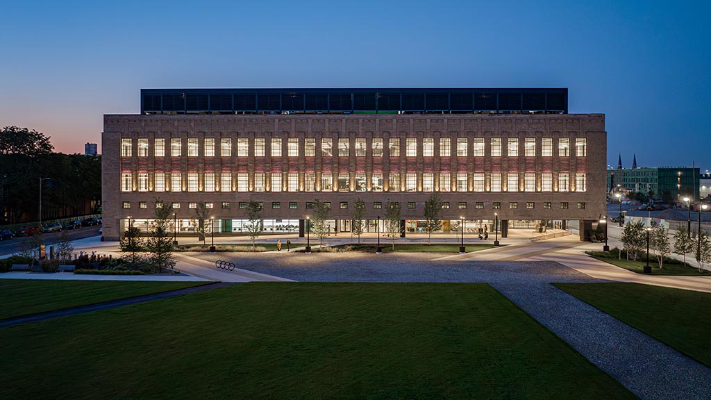 A large building with many windows.