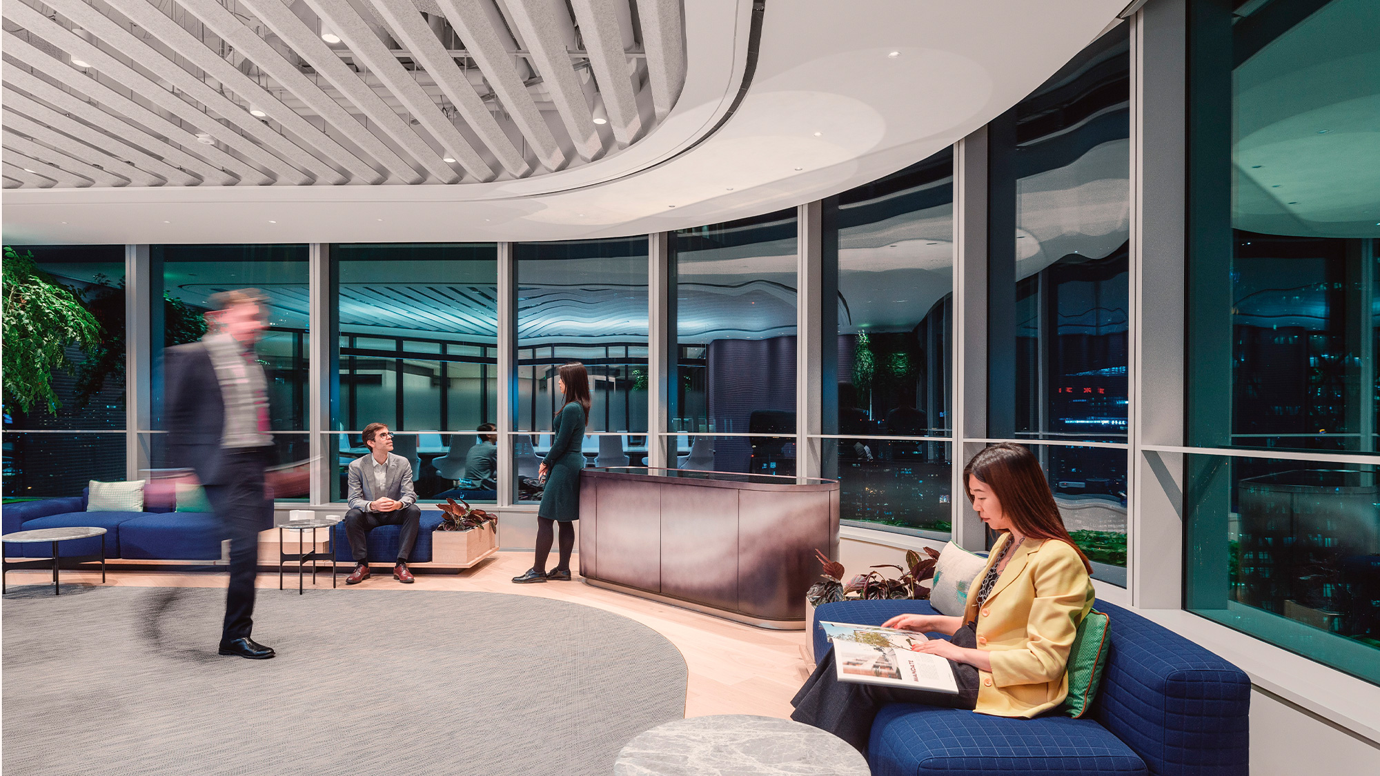 A group of people in a building.