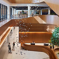 A high angle view of people inside a building.