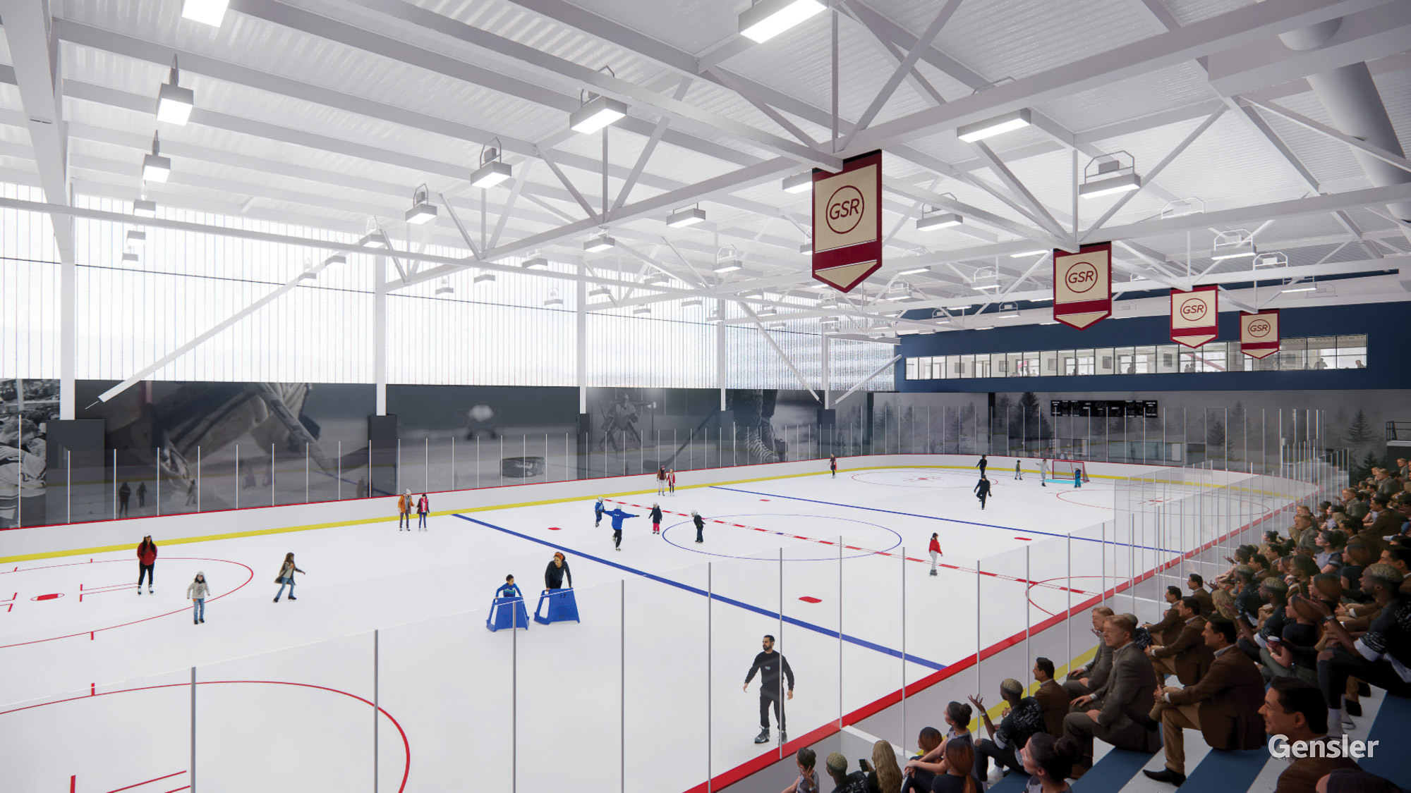 A hockey arena with people watching.