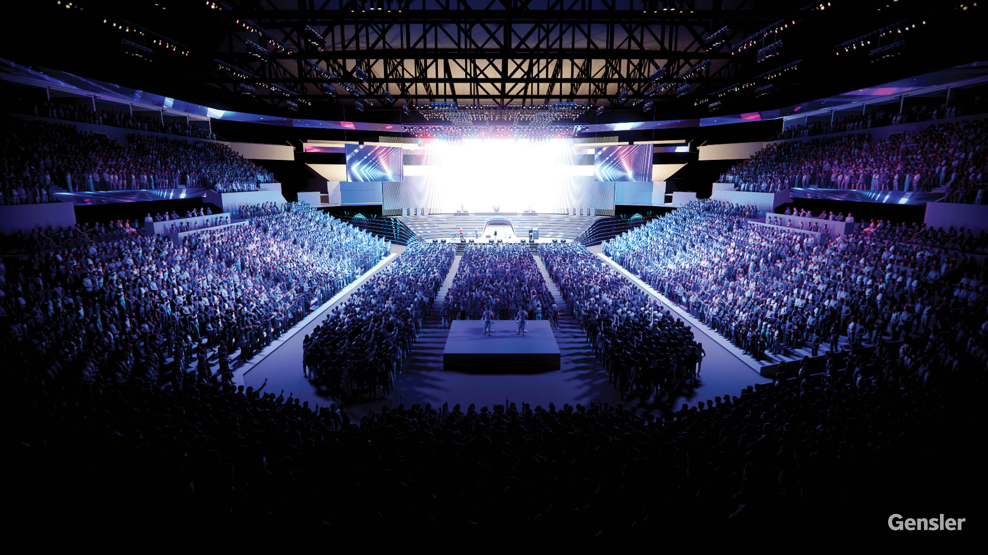 A large crowd of people in a stadium.