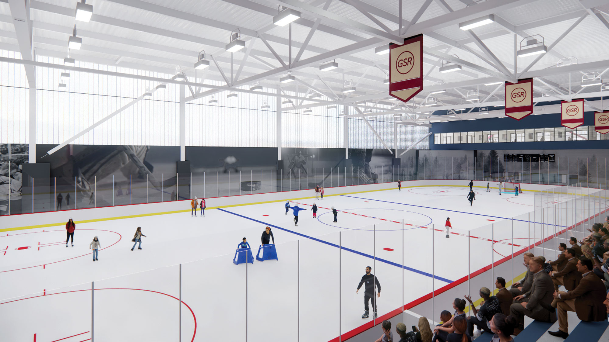A hockey rink with people watching.