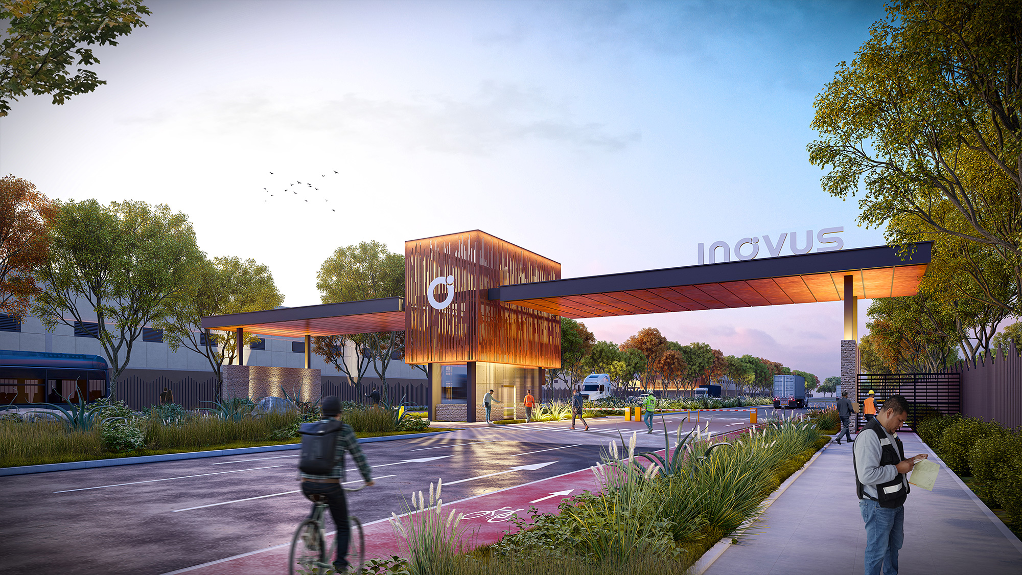 A person riding a bicycle on a road with a building in the background.