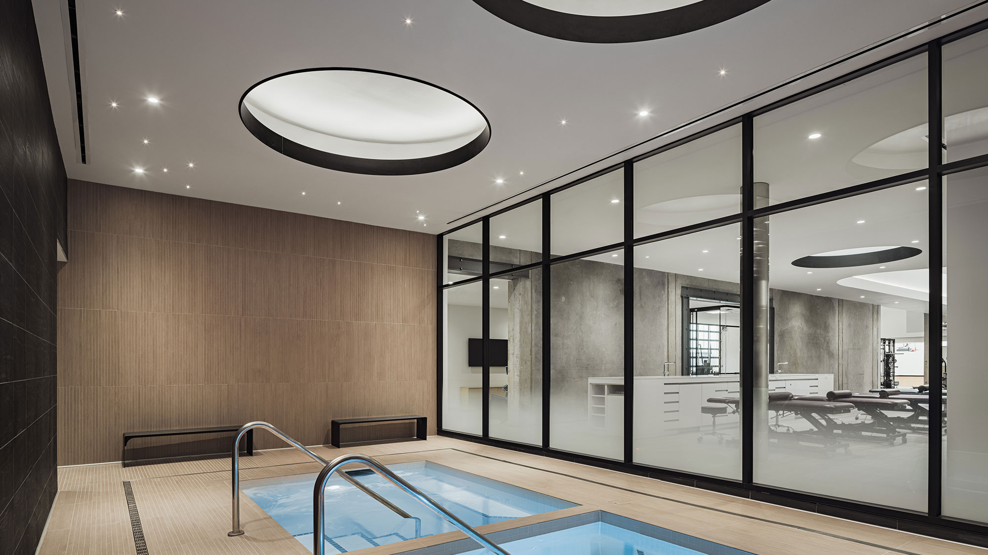 A swimming pool in a room.