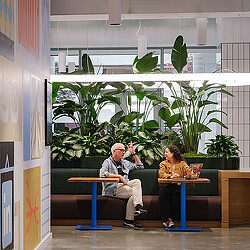 A man and a woman sitting on a bench in a room with plants.