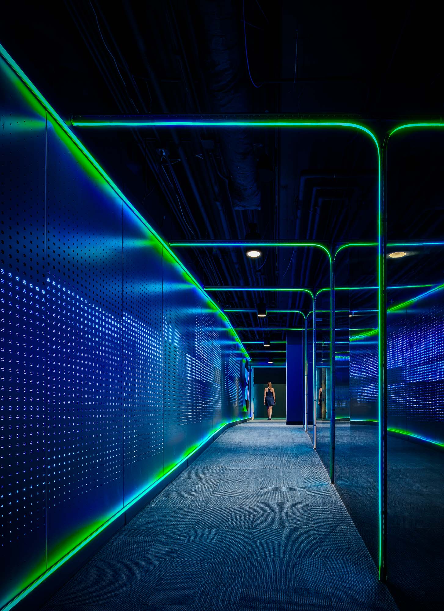 A person walking down a long escalator.