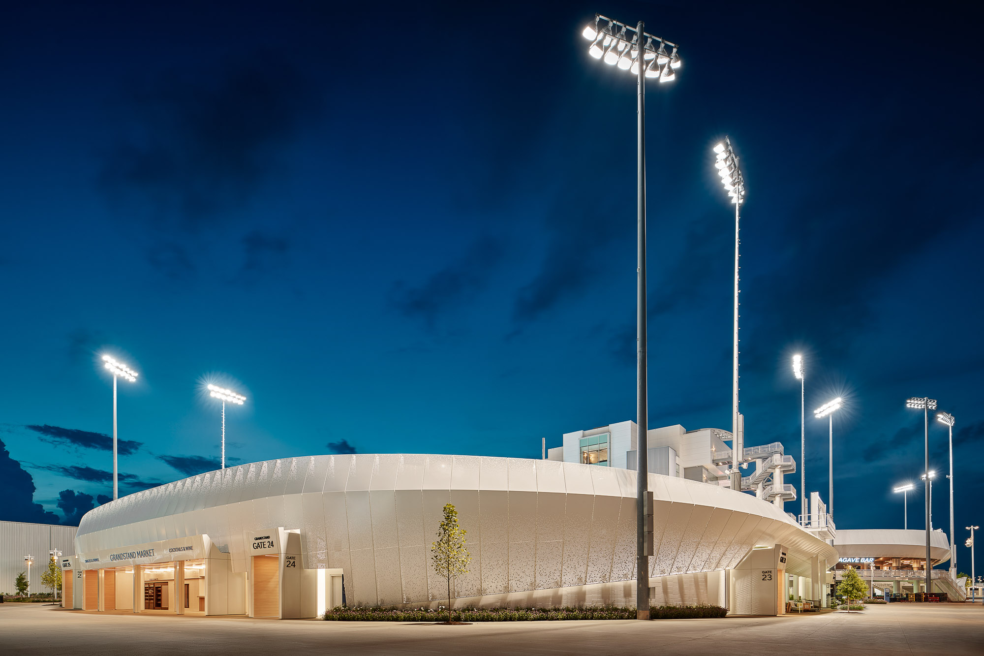 A building with lights on.