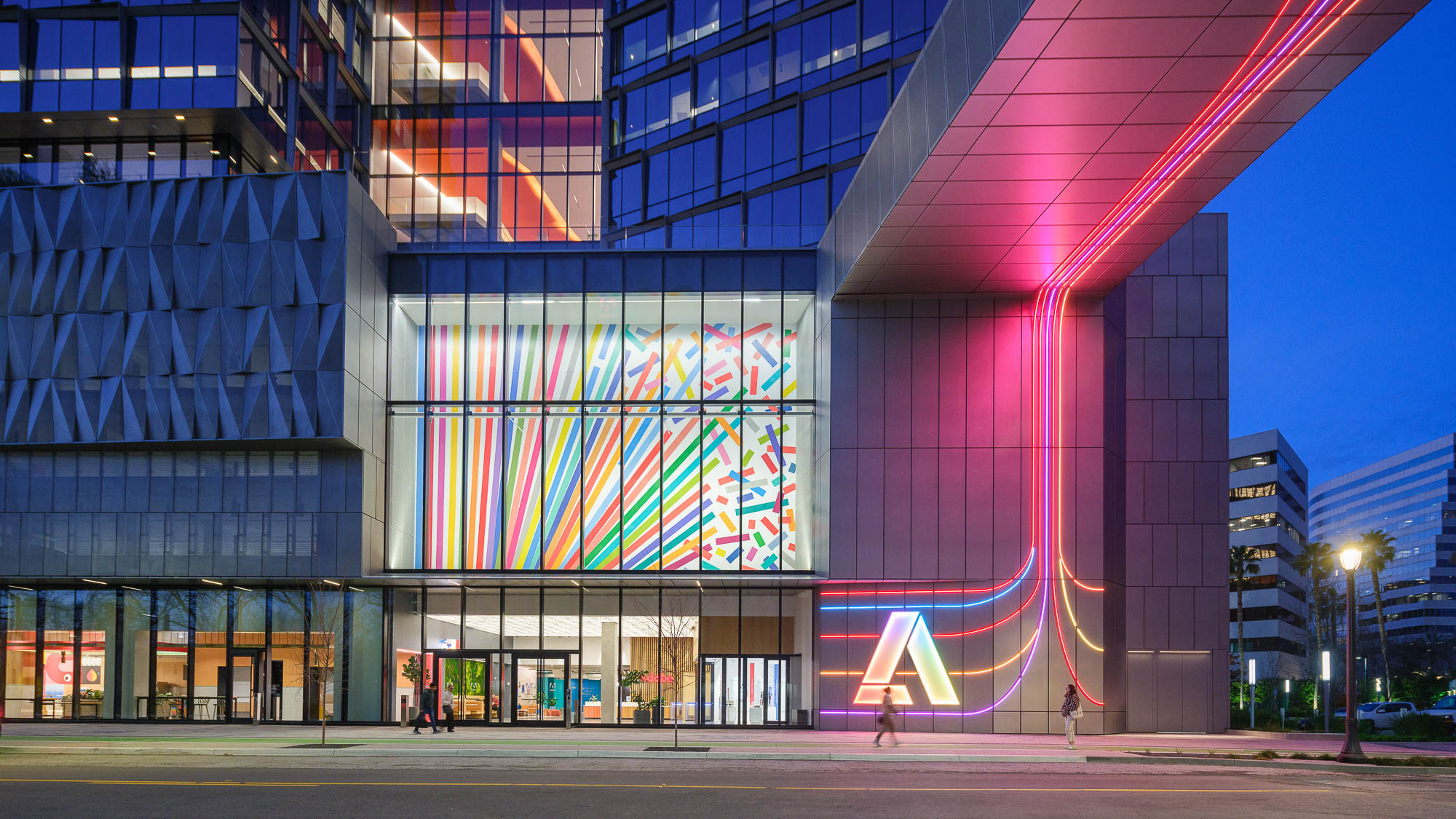 A building with colorful lights.