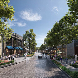 A street with people and buildings on the side.