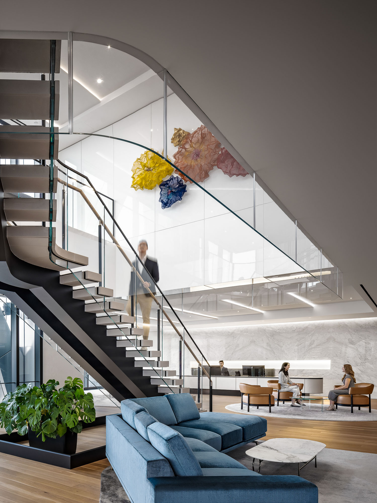 A person walking up a staircase.