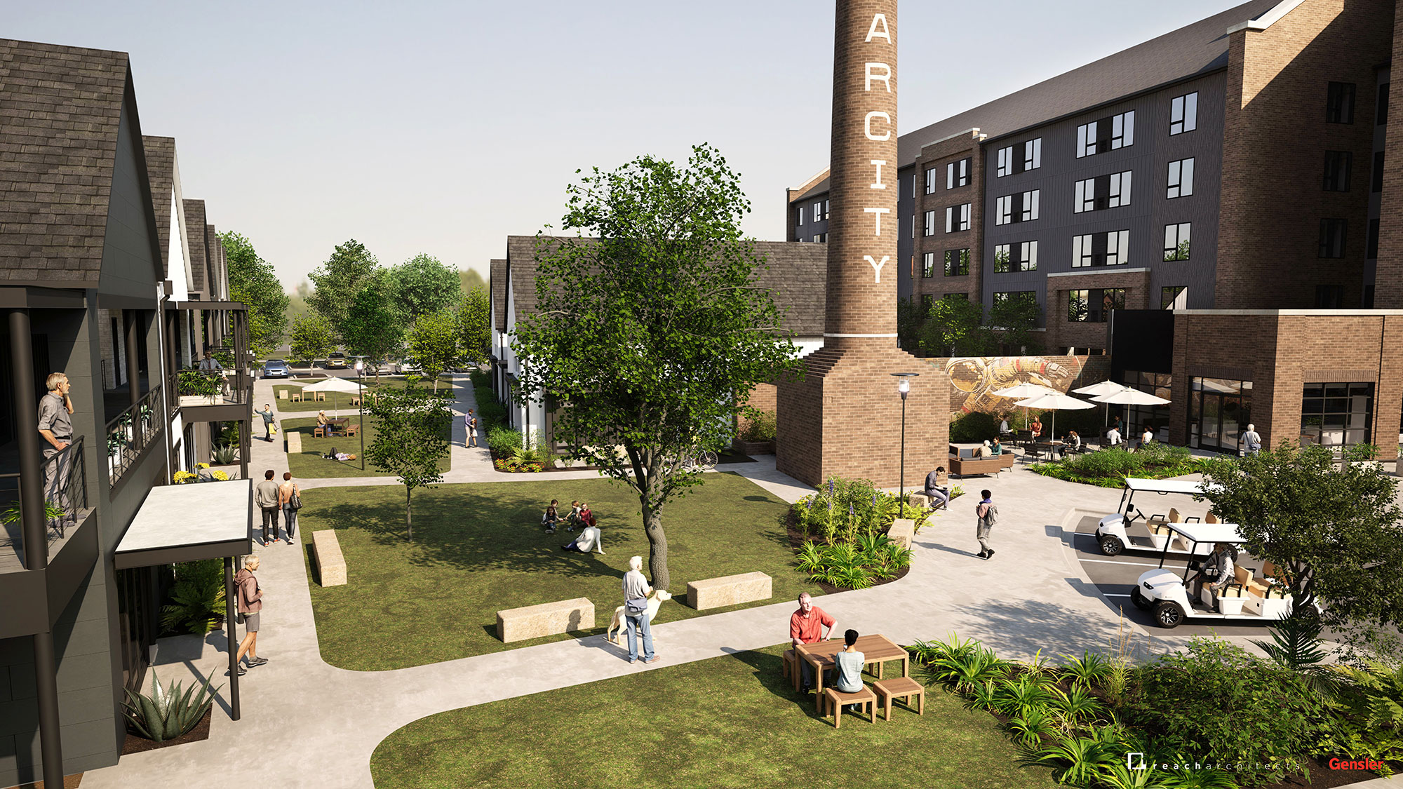 A courtyard with people and buildings.