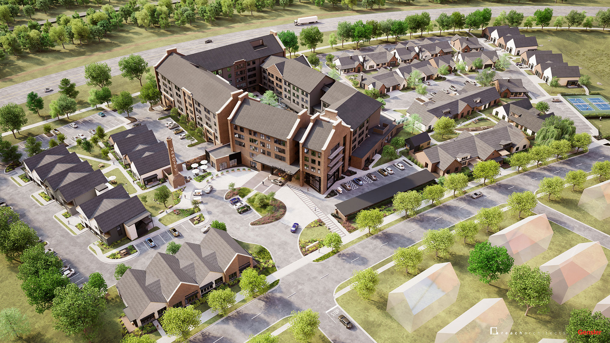 A large house with a parking lot.