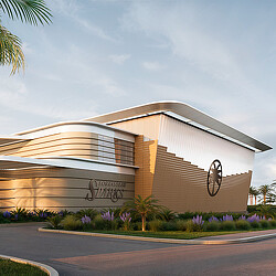 A building with a sign on the side.