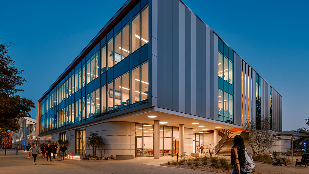 A large building with glass windows.