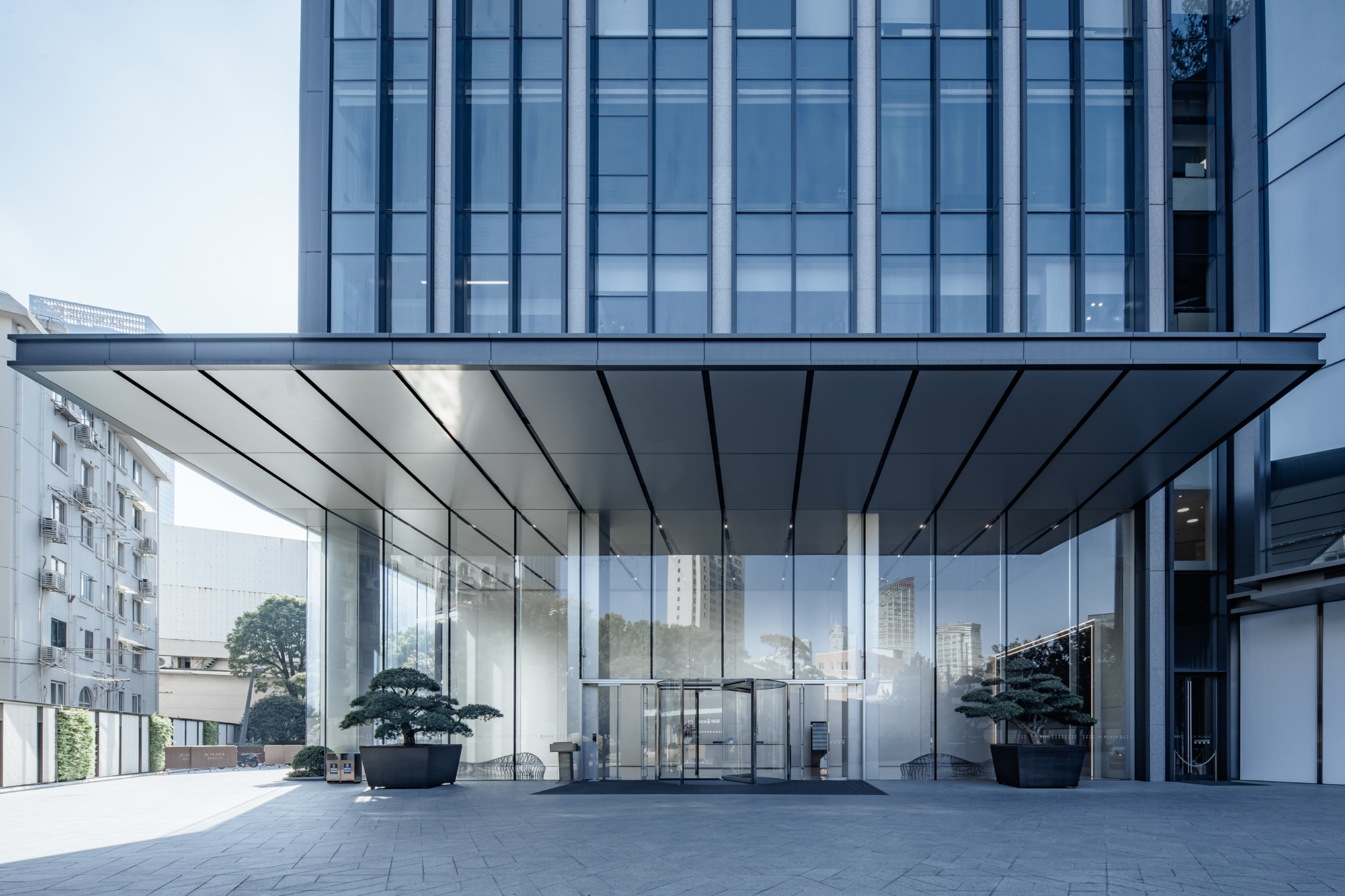 A building with glass windows.