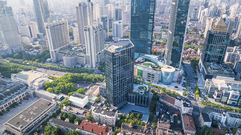 A city with tall buildings.