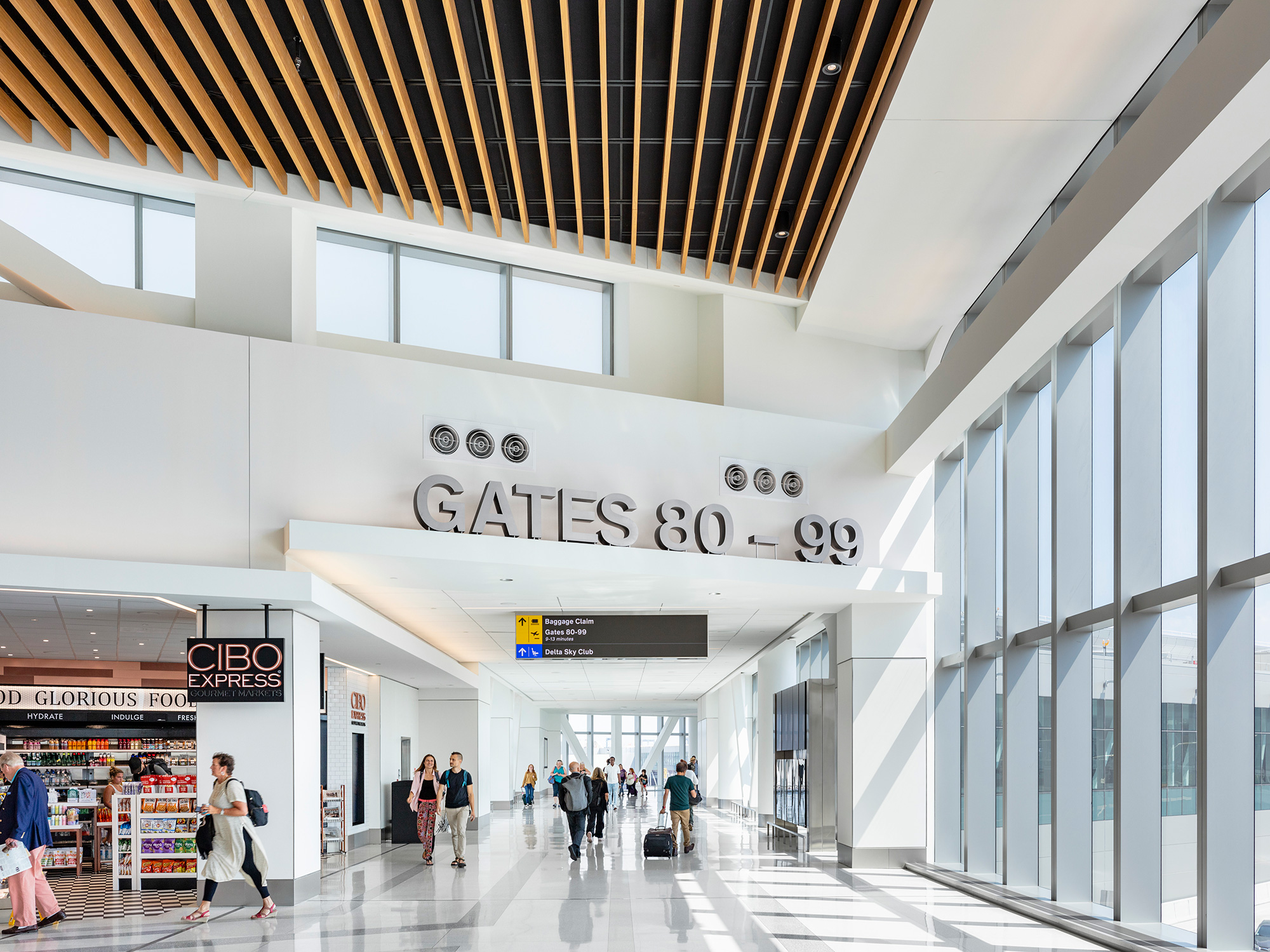 A group of people in a large building.