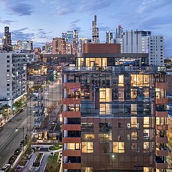 A high angle view of a city.