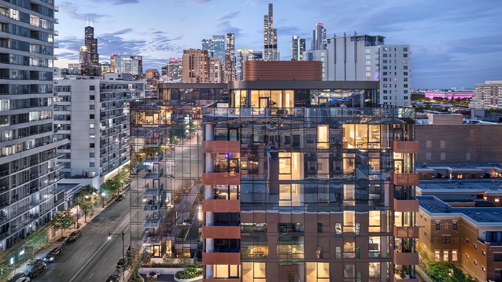 A city with tall buildings.