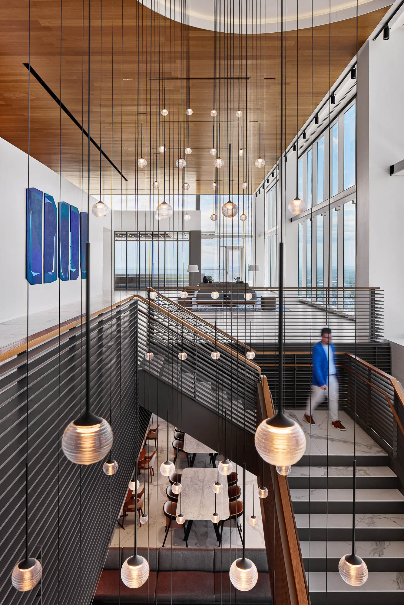 A person walking up a flight of stairs.