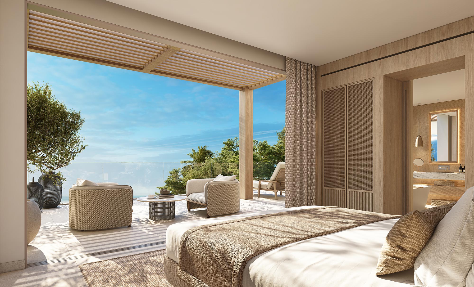 A bedroom with a large window.