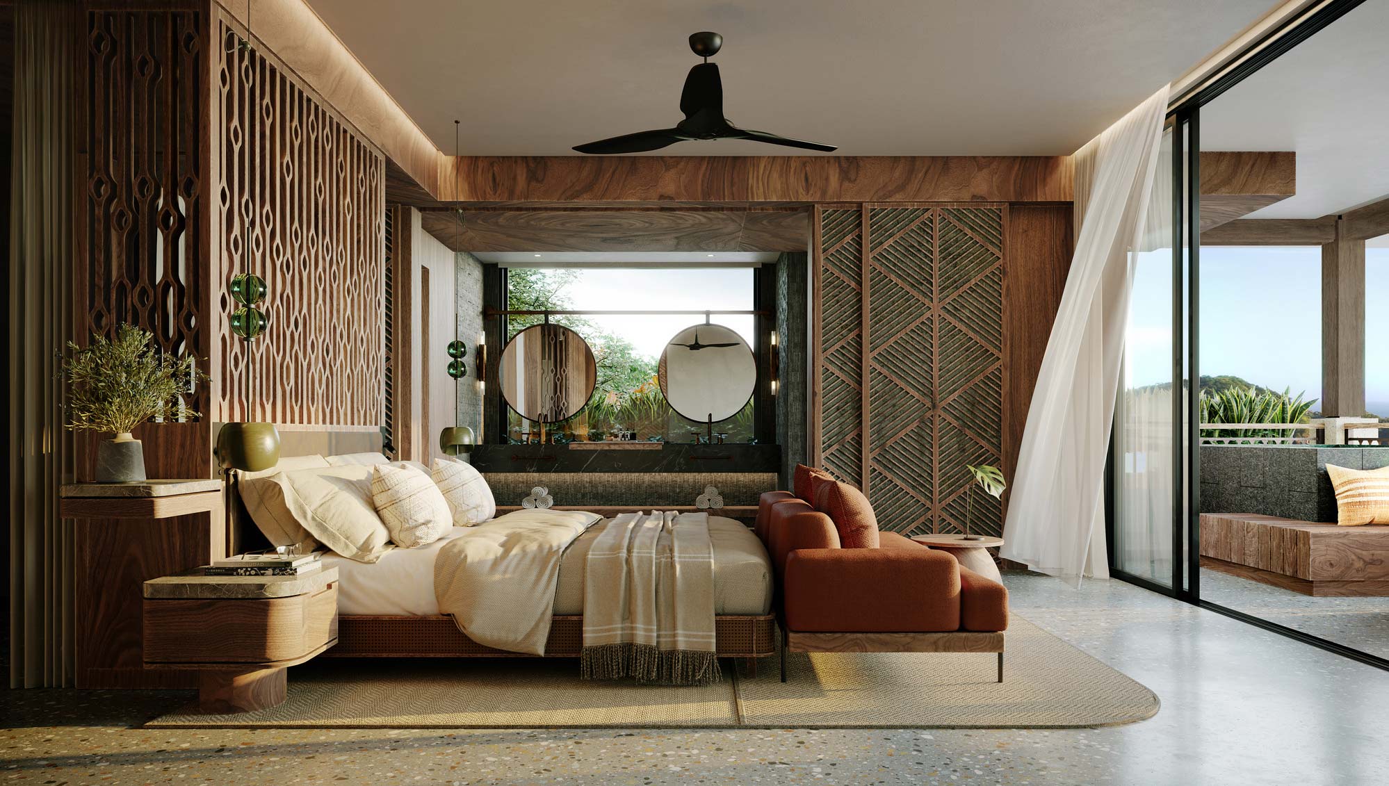 A living room with a large mirror.