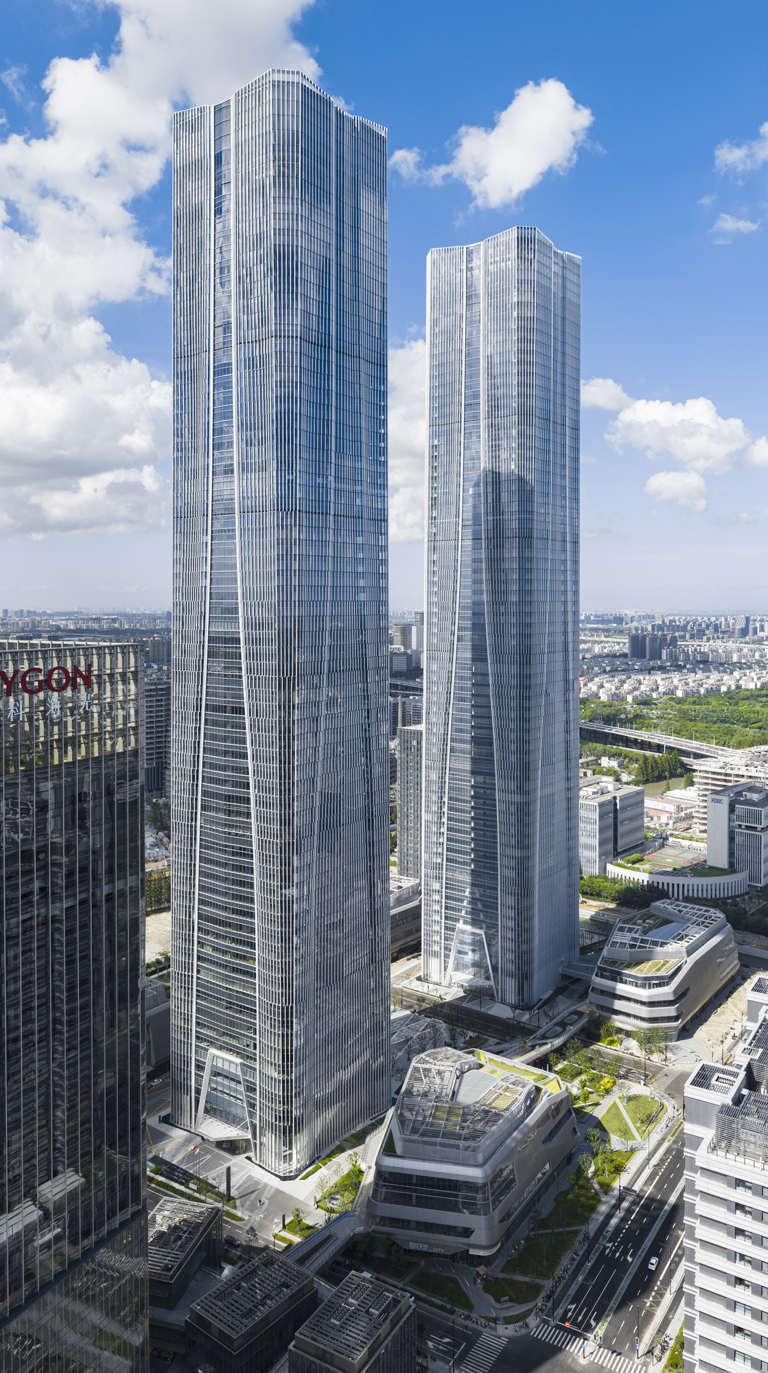 A couple of tall buildings.