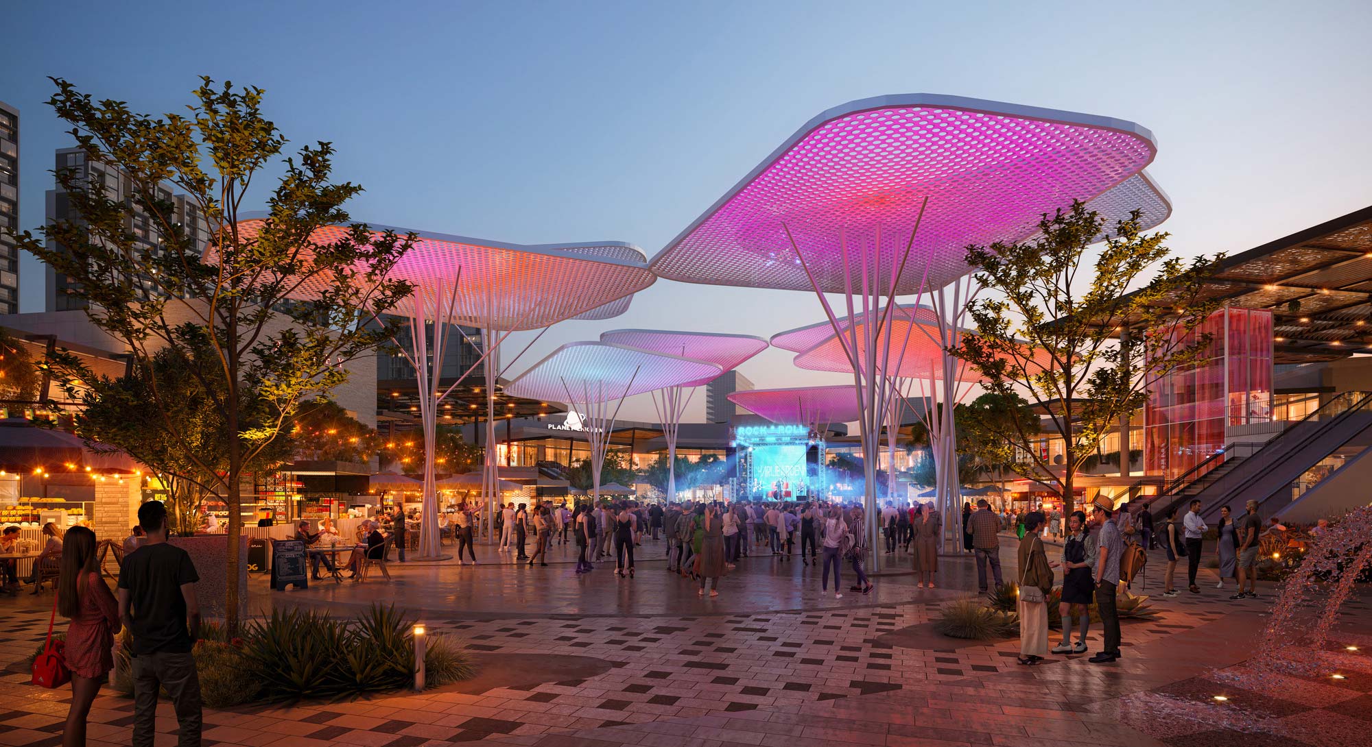 A group of people walking around a building with a large dome roof.