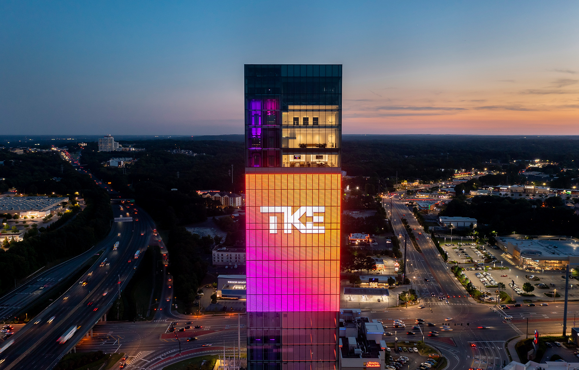 A tall building with lights.