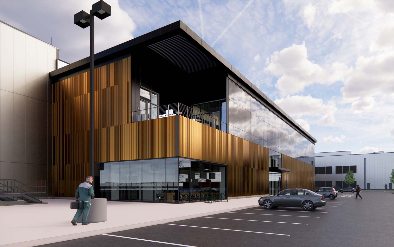 A building with a parking lot.