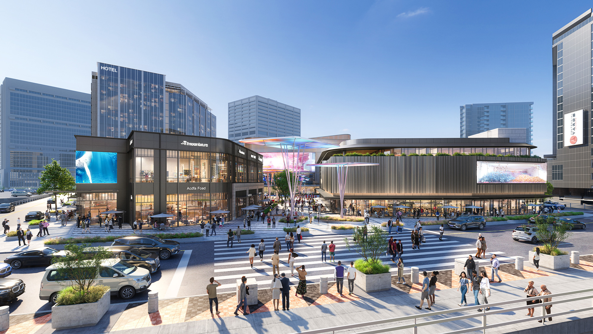 A large city with people walking around.