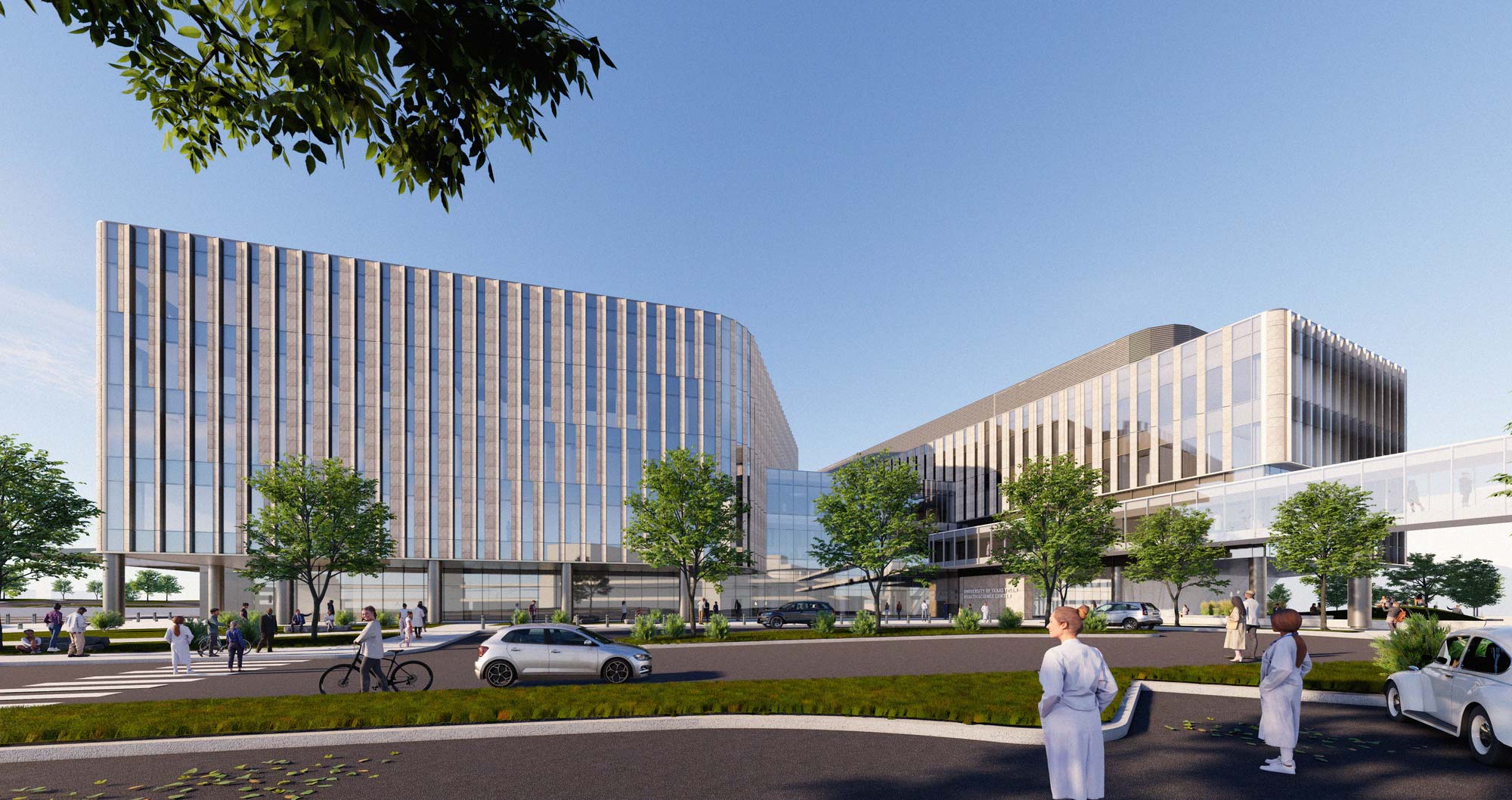 A large building with a parking lot.