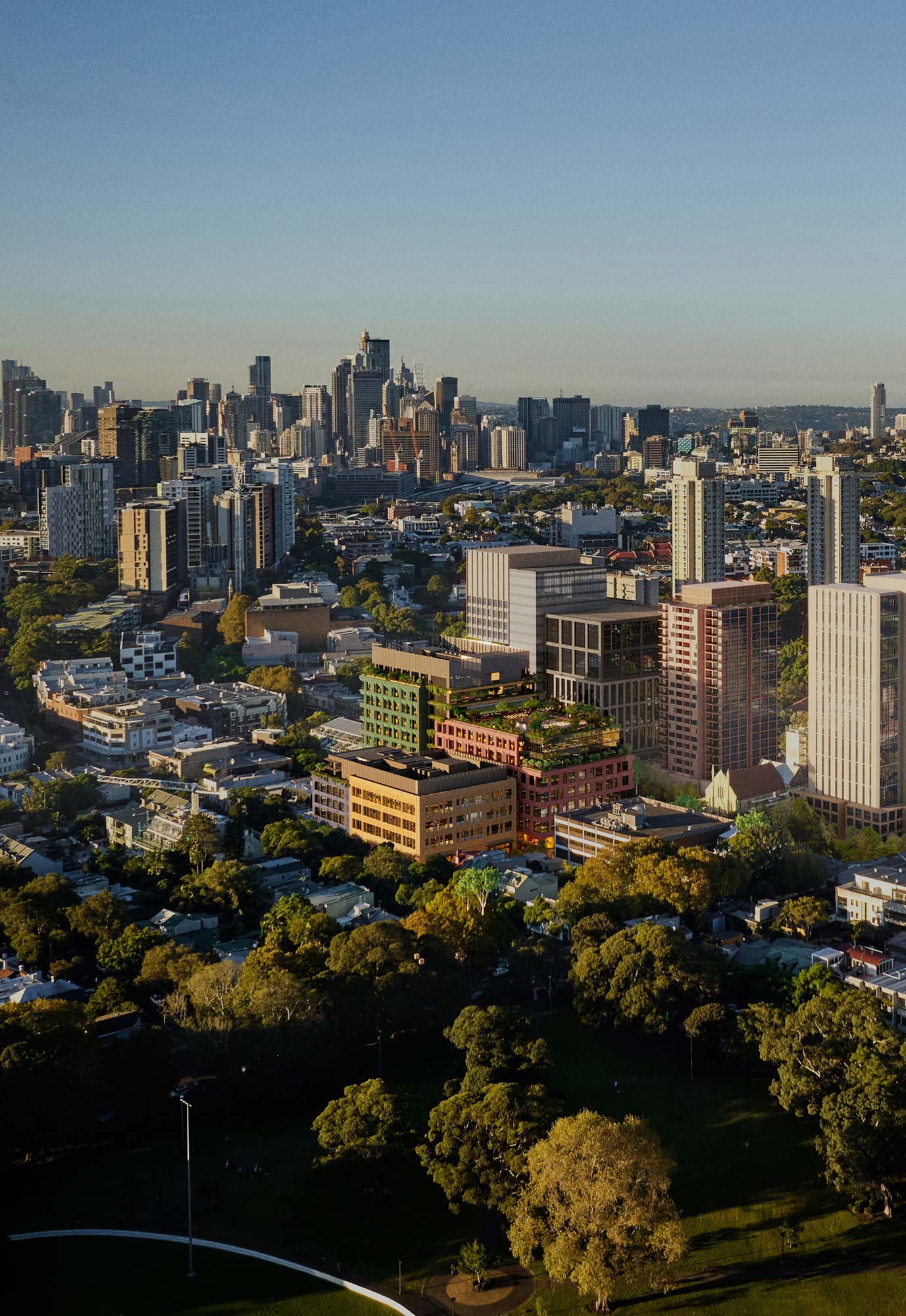 A city with many trees and buildings.